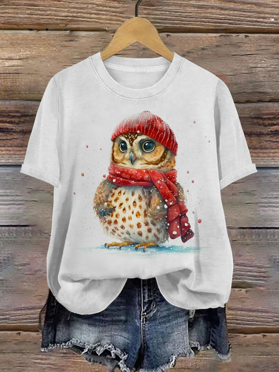 Owl Christmas Art Print Unisex Round Neck Short Sleeve Casual T-Shirt