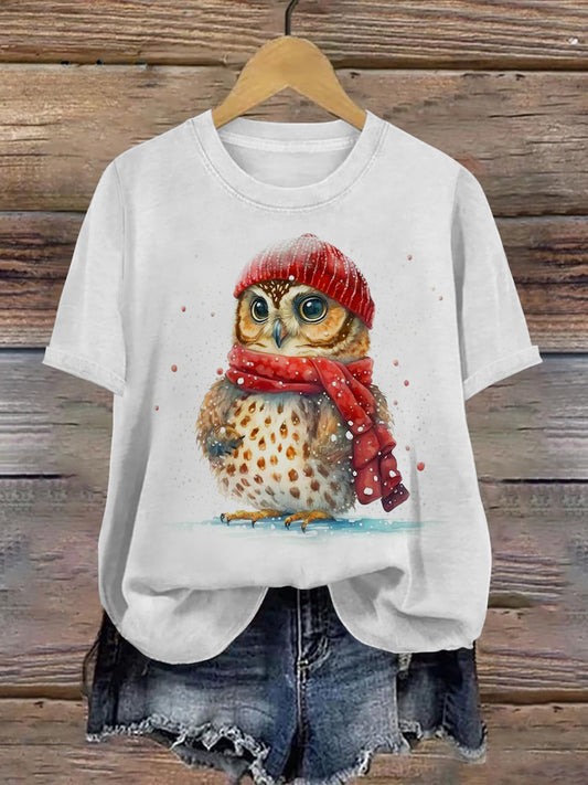 Owl Christmas Art Print Unisex Round Neck Short Sleeve Casual T-Shirt