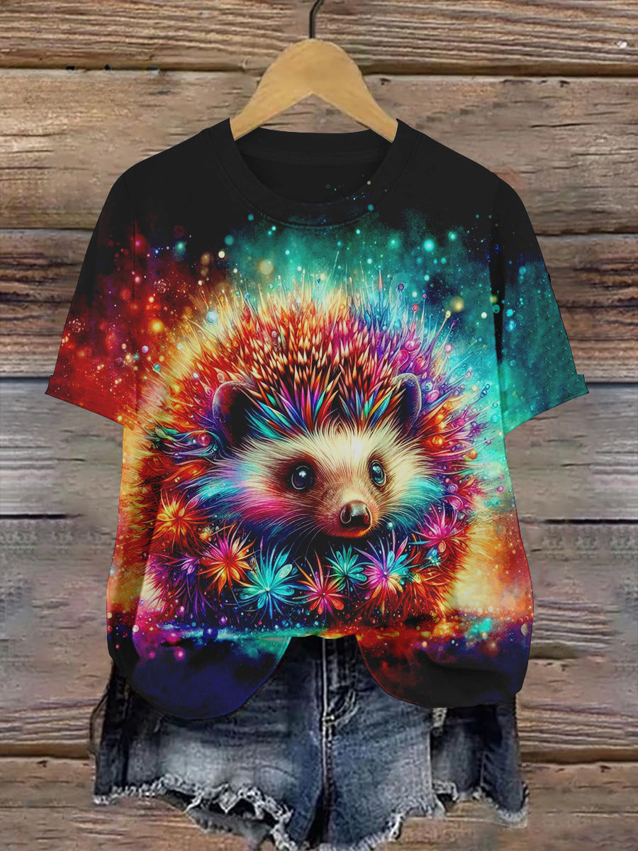 Hedgehog Art Print Unisex Crew Neck Short Sleeve Casual T-Shirt