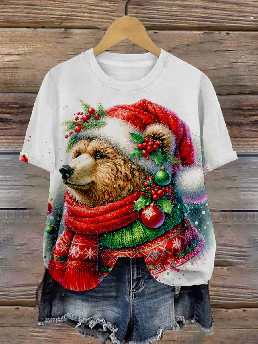 Bear Christmas Art Print Unisex Round Neck Short Sleeve Casual T-Shirt