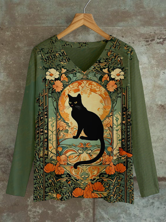 Divine Black Cat And Rose Art Print Unisex V-Neck Long Sleeve Casual T-Shirt