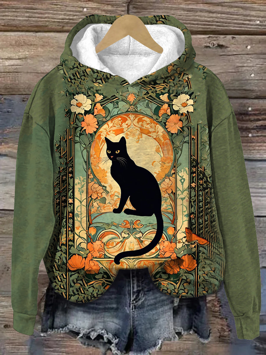 Divine Black Cat and Rose Art Print Unisex Long Sleeve Casual Hooded Sweatshirt