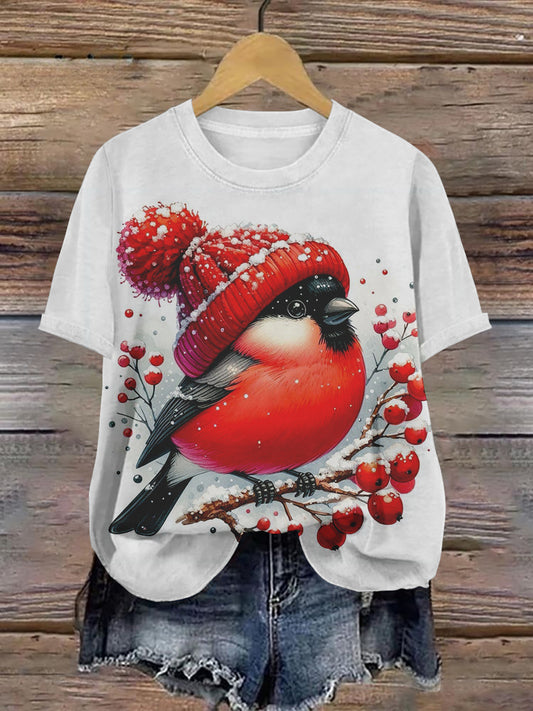 Red Tit Christmas Art Print Unisex Crew Neck Short Sleeve Casual T-Shirt