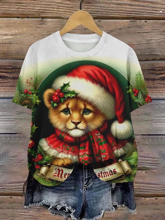 Cat Christmas Art Print Unisex Crew Neck Short Sleeve Casual T-Shirt