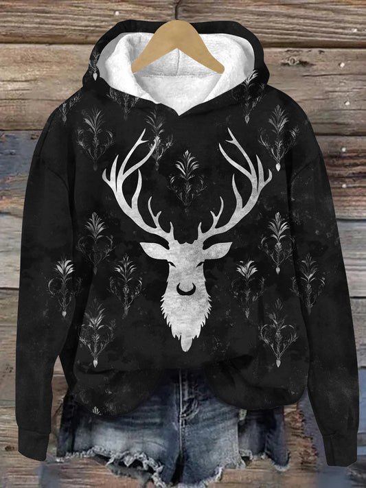 Vintage Deer Art Print Unisex Long Sleeve Casual Hooded Sweatshirt