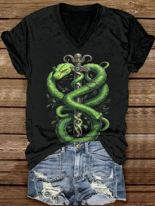 Forest Green Python Art Print Unisex V-Neck Casual T-Shirt