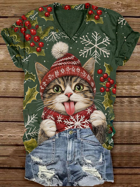 Christmas Fun Cat Art Print Unisex V-Neck Short Sleeve Casual T-Shirt