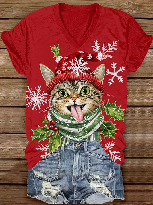 Christmas Fun Cat Art Print Unisex V-Neck Short Sleeve Casual T-Shirt