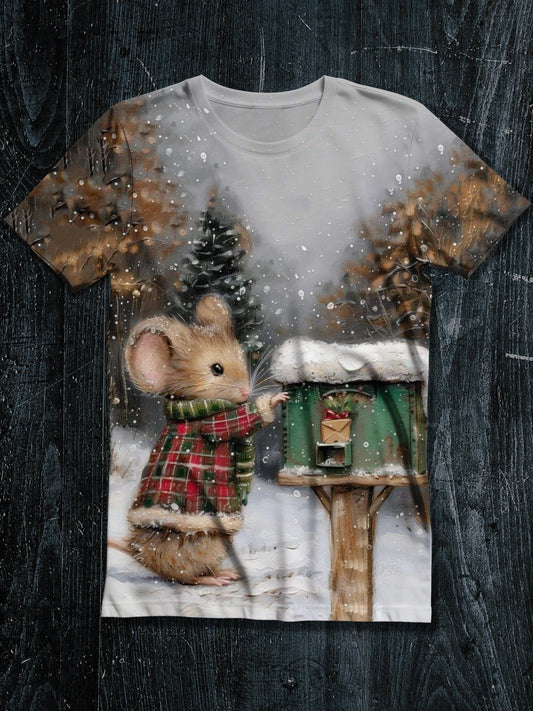 Mouse's Christmas Gift Art Print Unisex Crew Neck Short Sleeve Casual T-Shirt