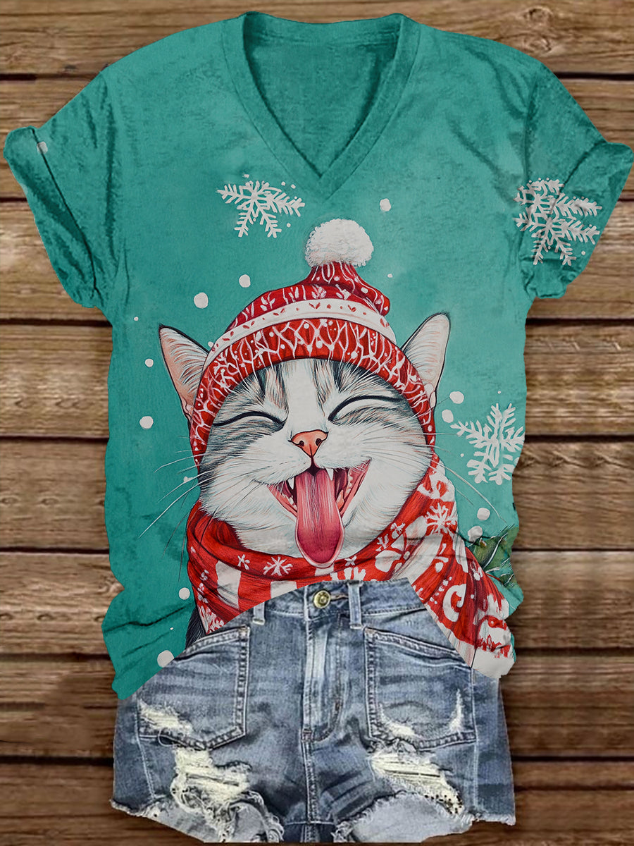 Christmas Fun Cat Art Print Unisex V-Neck Short Sleeve Casual T-Shirt