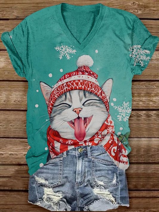 Christmas Fun Cat Art Print Unisex V-Neck Short Sleeve Casual T-Shirt