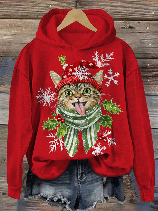 Christmas Funny Cat Print Unisex Long Sleeve Casual Hooded Sweatshirt