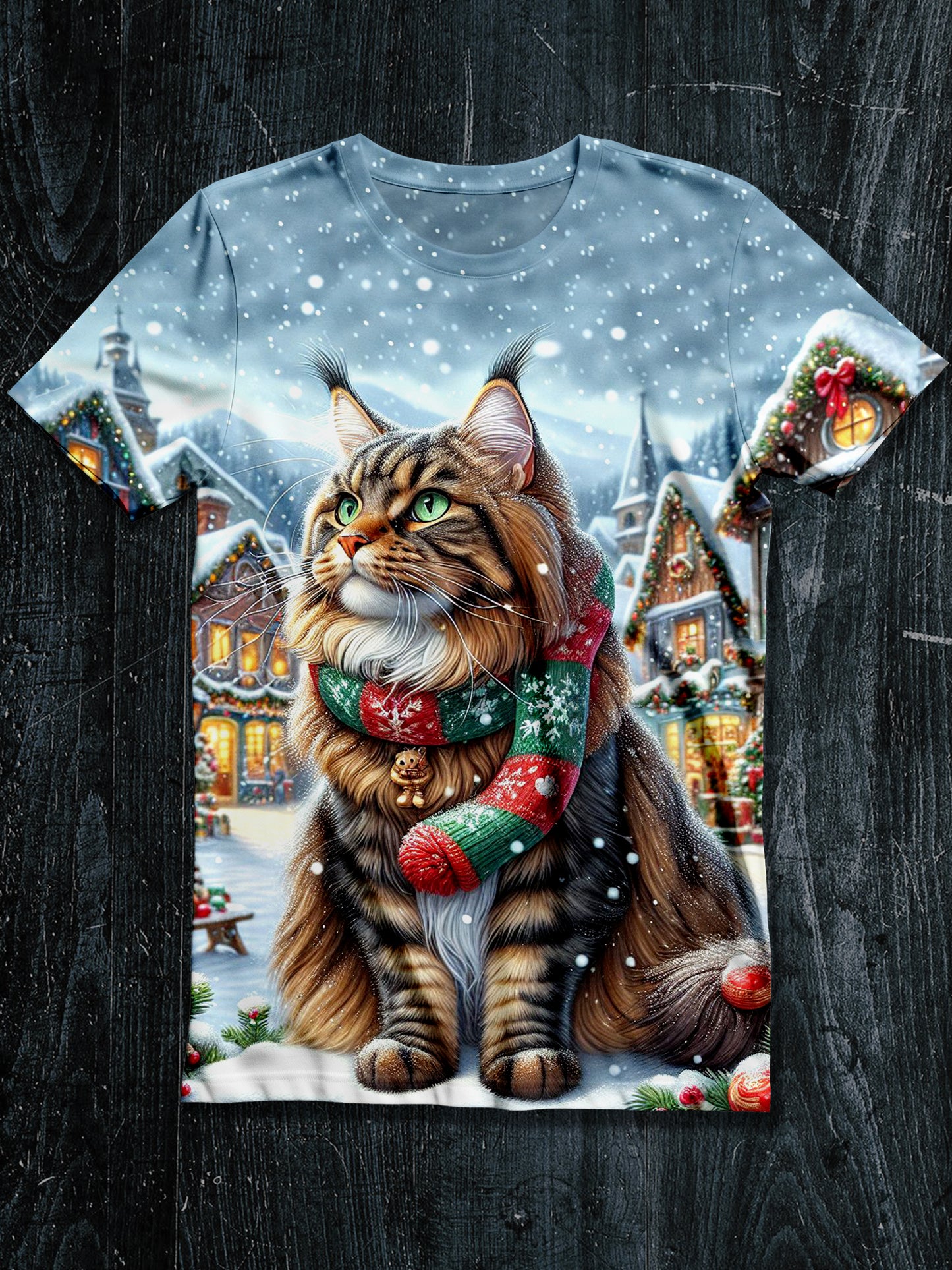 Cat Christmas Art Print Unisex Crew Neck Short Sleeve Casual T-Shirt