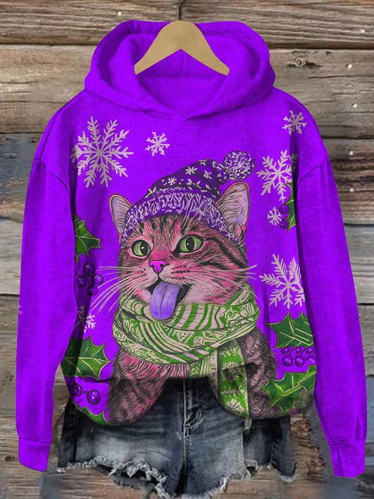 Christmas Funny Cat Print Unisex Long Sleeve Casual Hooded Sweatshirt