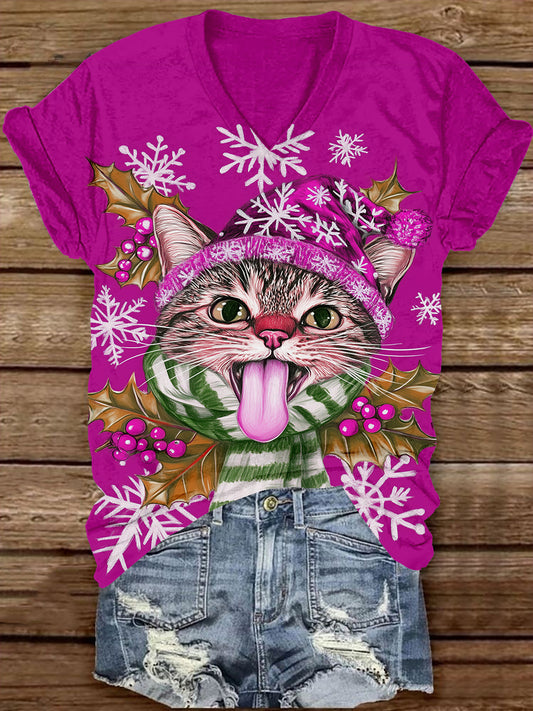 Christmas Fun Cat Art Print Unisex V-Neck Short Sleeve Casual T-Shirt