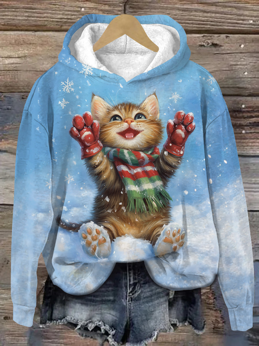 Christmas Funny Cat Print Unisex Long Sleeve Casual Hooded Sweatshirt