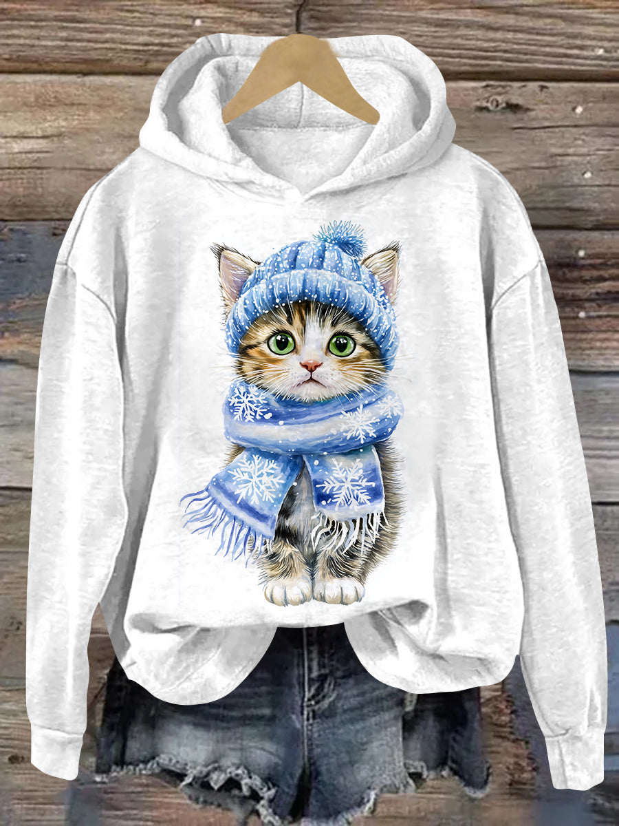 Christmas Funny Cat Print Unisex Long Sleeve Casual Hooded Sweatshirt