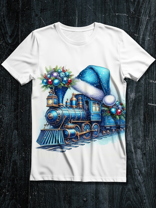 Blue Train Christmas Gift Art Print Unisex Round Neck Short Sleeve Casual T-shirt