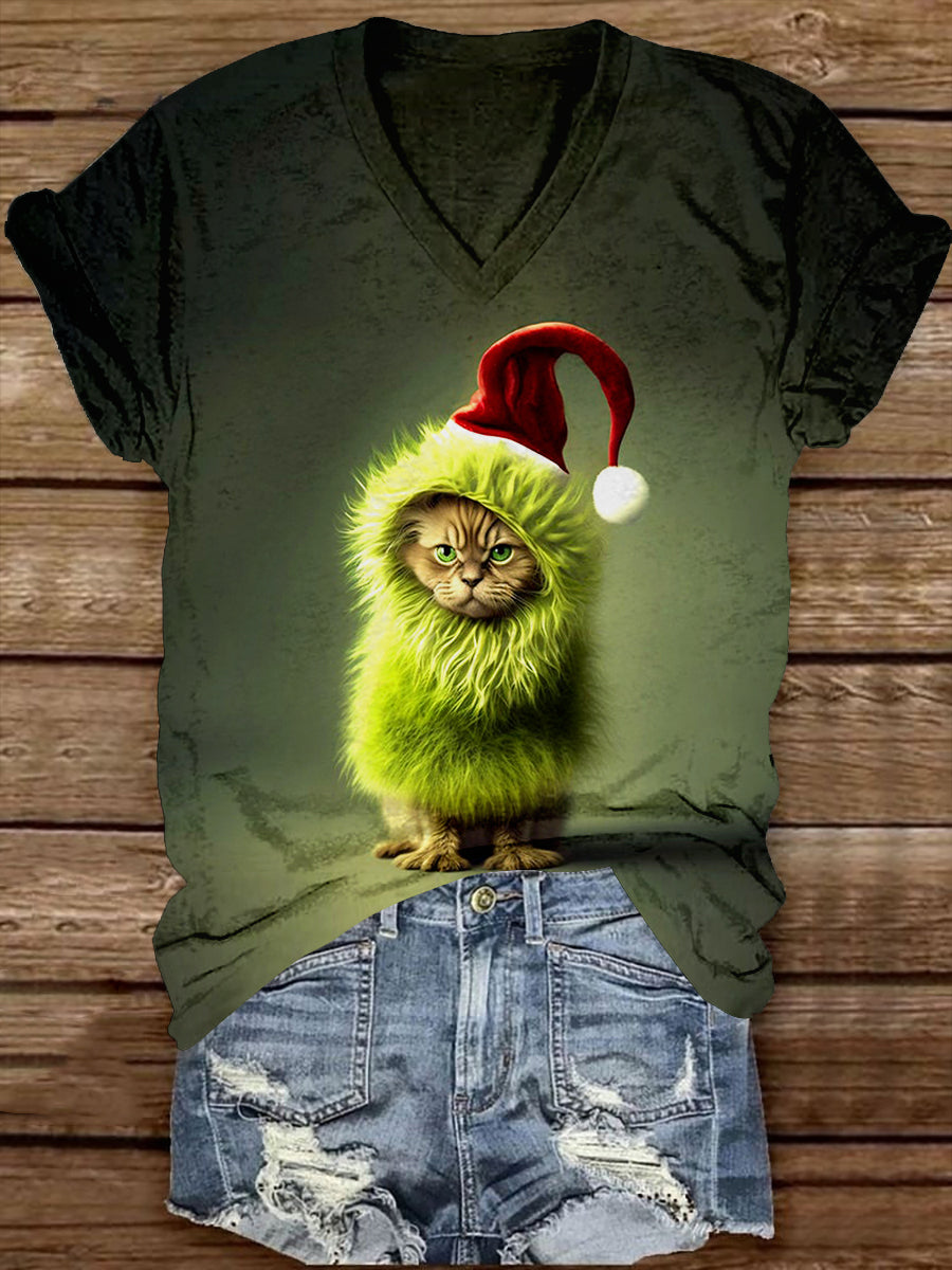 Christmas Fun Cat Print Unisex V-Neck Short Sleeve Casual T-Shirt