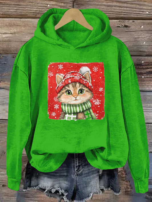 Christmas Funny Cat Print Unisex Long Sleeve Casual Hooded Sweatshirt