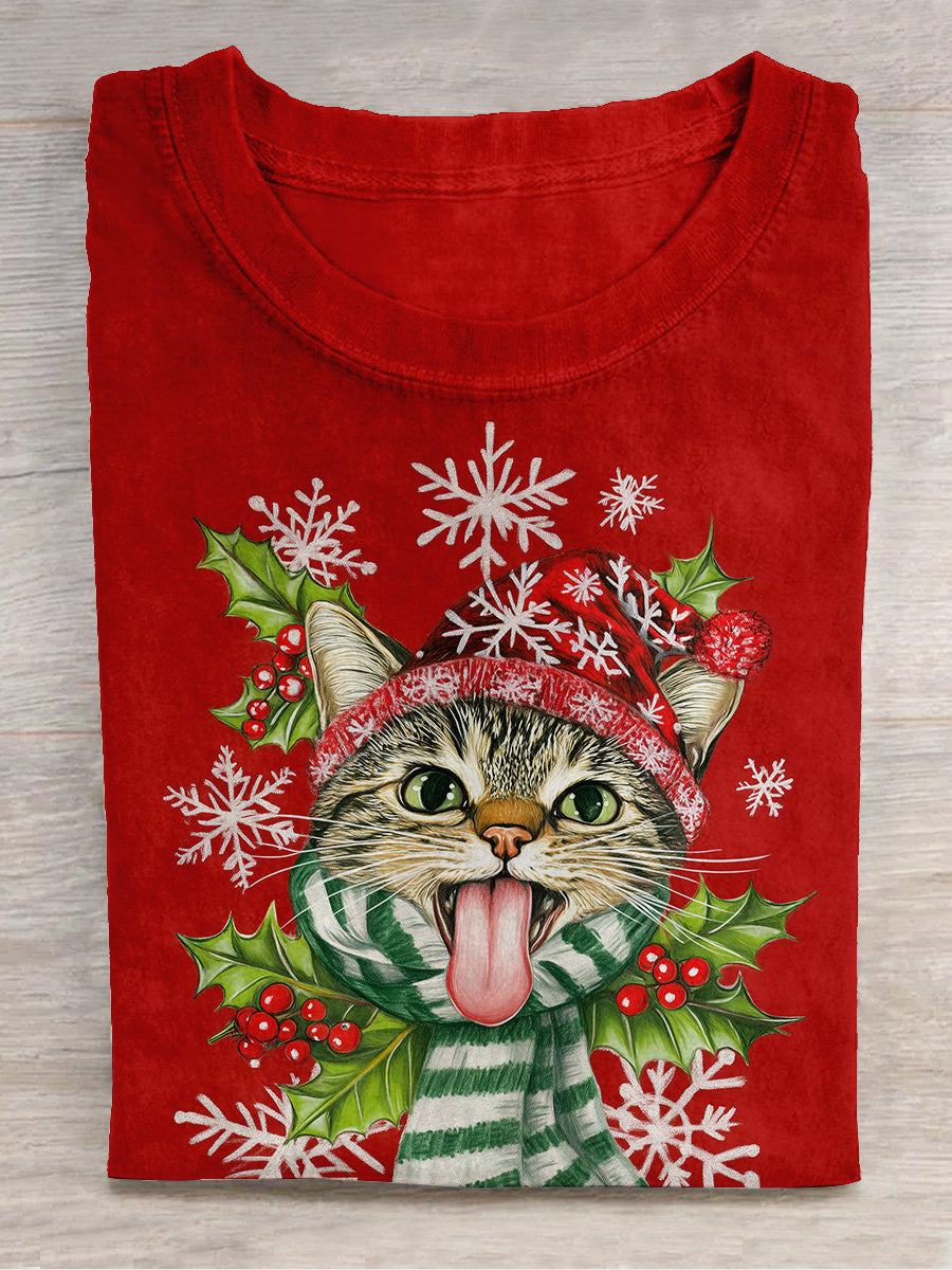 Christmas Fun Cat Print Unisex Round Neck Short Sleeve Casual T-Shirt