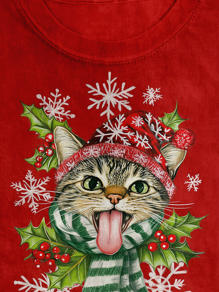 Christmas Fun Cat Print Unisex Round Neck Short Sleeve Casual T-Shirt