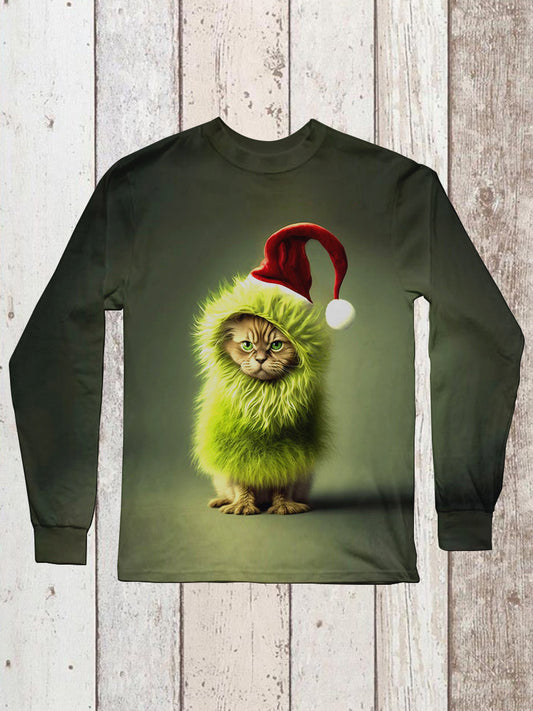 Christmas Funny Cat Print Unisex Round Neck Long Sleeve Casual T-Shirt