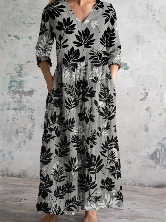 Vintage Botanical Art Print Women's V-Neck Long Sleeve Pocket Dress