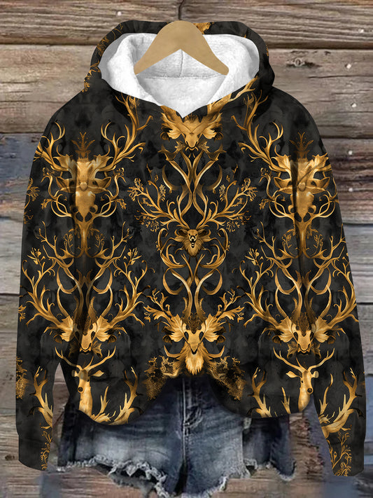 Vintage Deer Art Print Unisex Long Sleeve Casual Hooded Sweatshirt