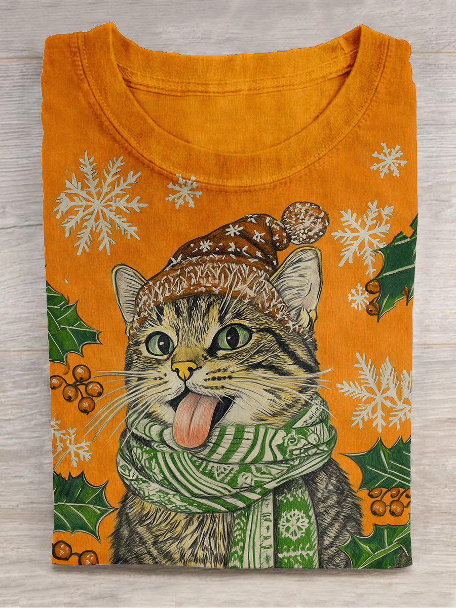 Christmas Fun Cat Print Unisex Round Neck Short Sleeve Casual T-Shirt