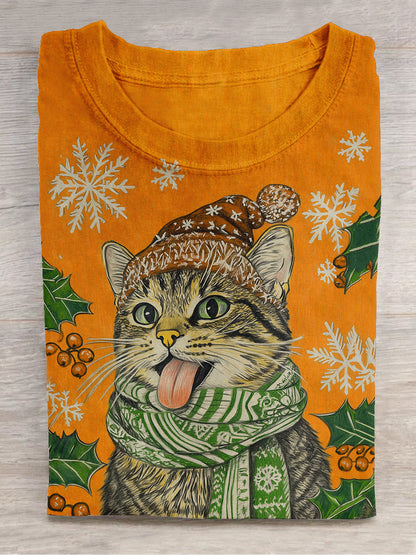 Christmas Fun Cat Print Unisex Round Neck Short Sleeve Casual T-Shirt