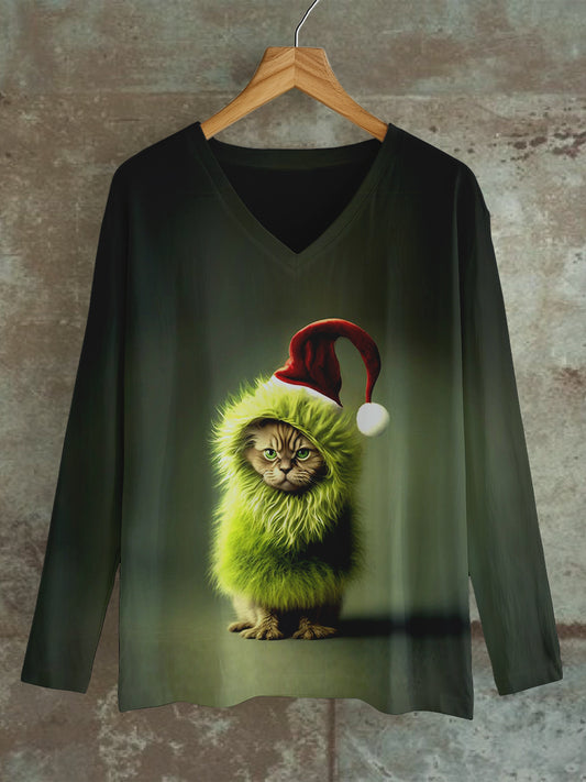 Christmas Fun Cat Print Unisex V-Neck Long Sleeve Casual T-Shirt