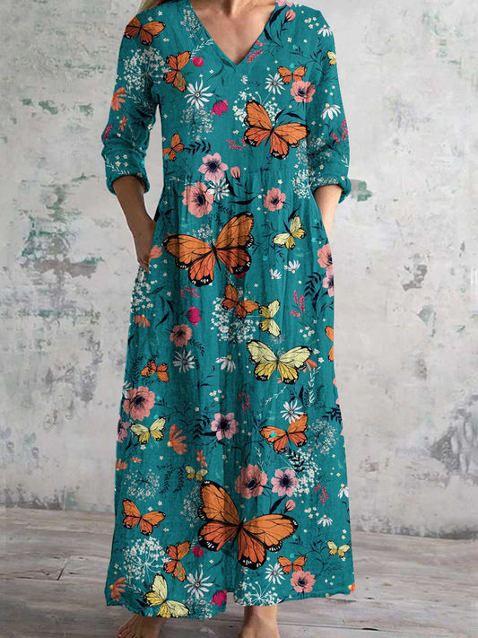 Vintage Butterfly Floral Plant Pattern Art Print Women's V-Neck Long Sleeve Pocket Dress