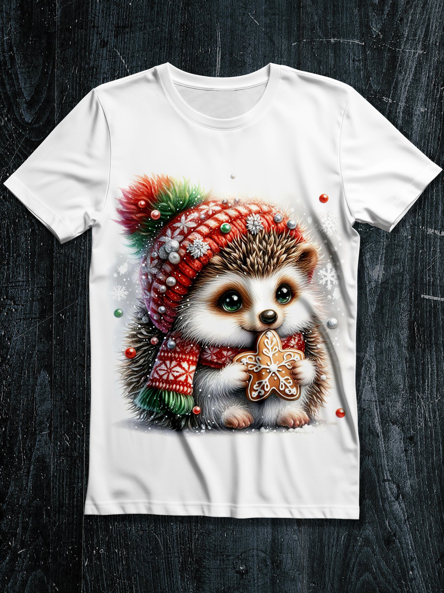 Cute Hedgehog Christmas Art Print Unisex Round Neck Short Sleeve Casual T-shirt