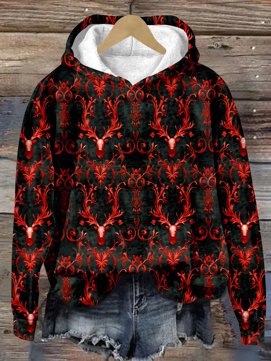 Vintage Deer Art Print Unisex Long Sleeve Casual Hooded Sweatshirt