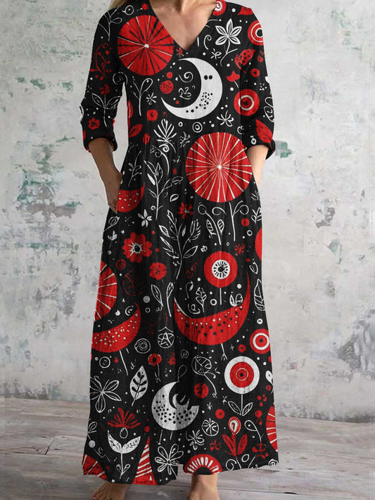 Vintage Plant Moon Pattern Art Print Women's V-Neck Long Sleeve Pocket Dress