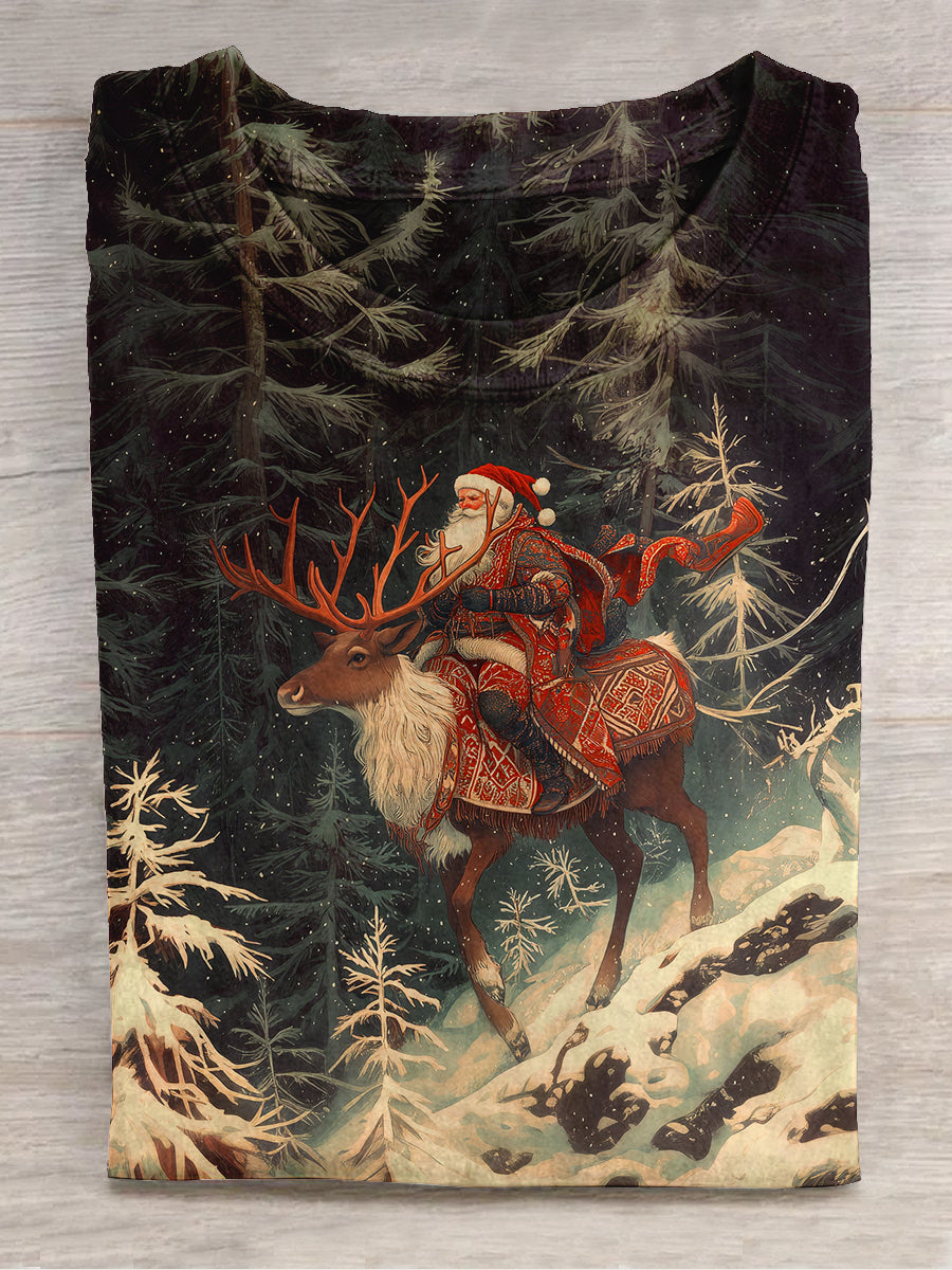 Santa Claus Reindeer Snow Scene Print Unisex Round Neck Short Sleeve Casual T-shirt