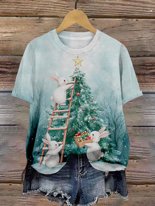 Rabbit Christmas Art Print Unisex Round Neck Short Sleeve Casual T-Shirt