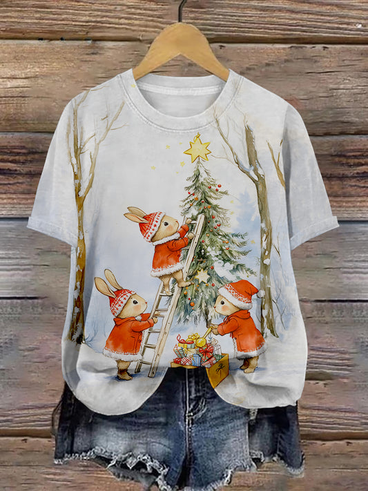 Rabbit Christmas Art Print Unisex Round Neck Short Sleeve Casual T-Shirt