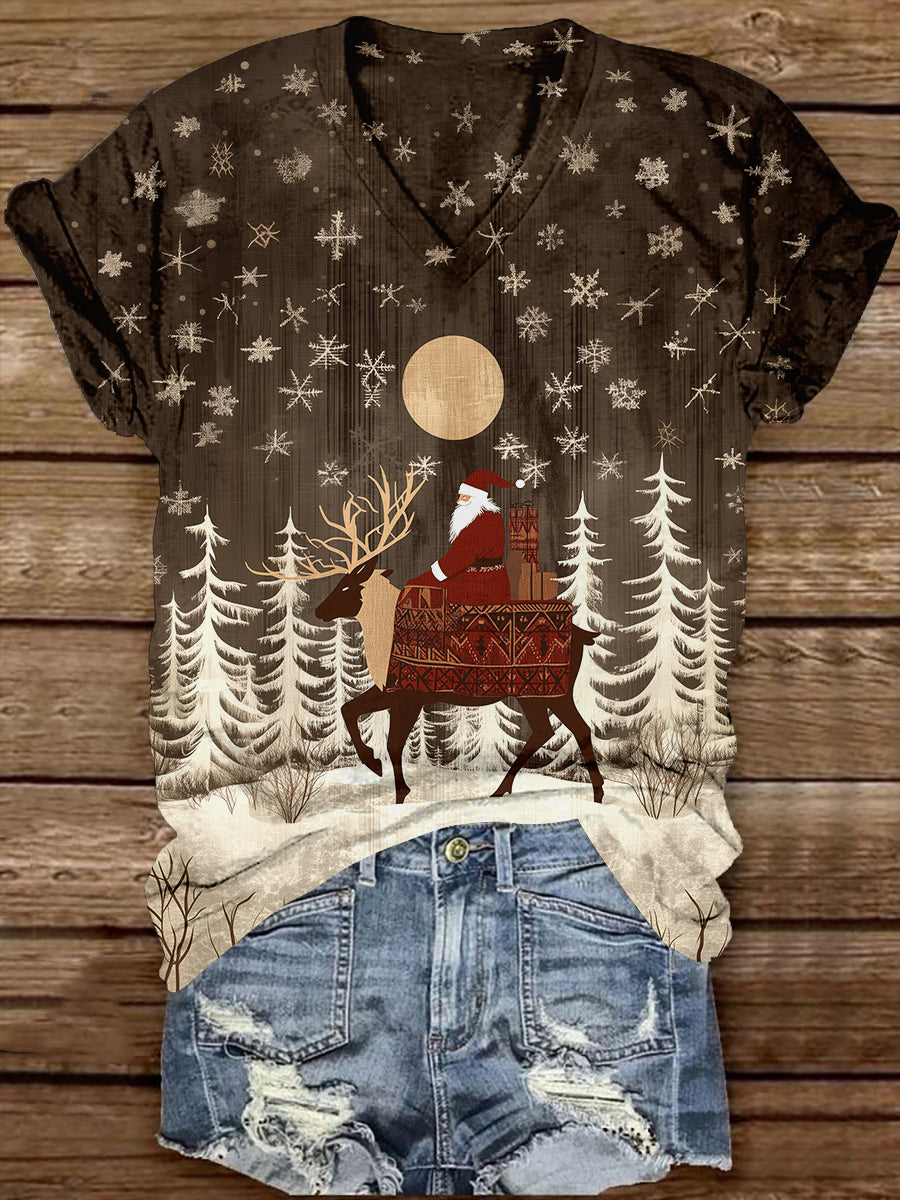 Santa Claus Reindeer Snow Scene Print Unisex V-neck Short Sleeve Casual T-shirt