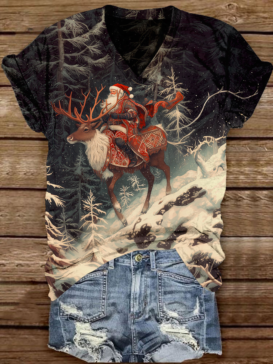 Santa Claus Reindeer Snow Scene Print Unisex V-neck Short Sleeve Casual T-shirt