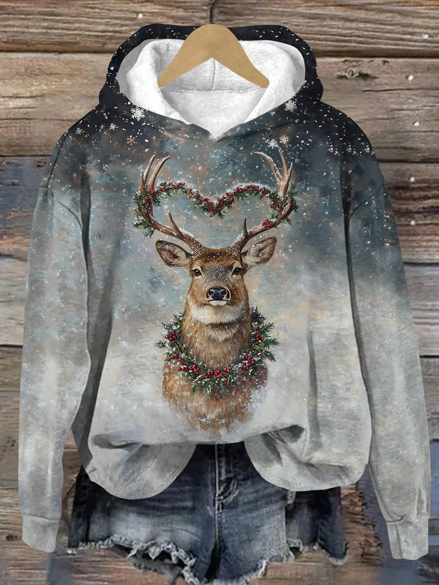 Love Heart Antlers Christmas Deer Art Print Unisex Long Sleeve Casual Hooded Sweatshirt