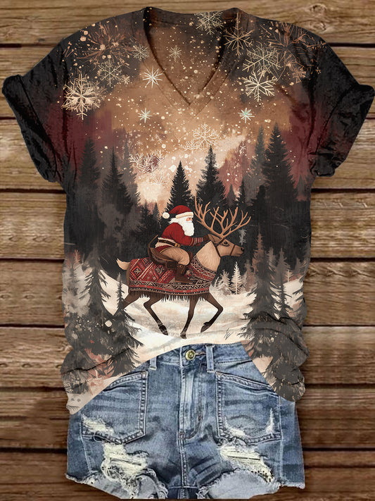 Santa Claus Reindeer Snow Scene Print Unisex V-neck Short Sleeve Casual T-shirt