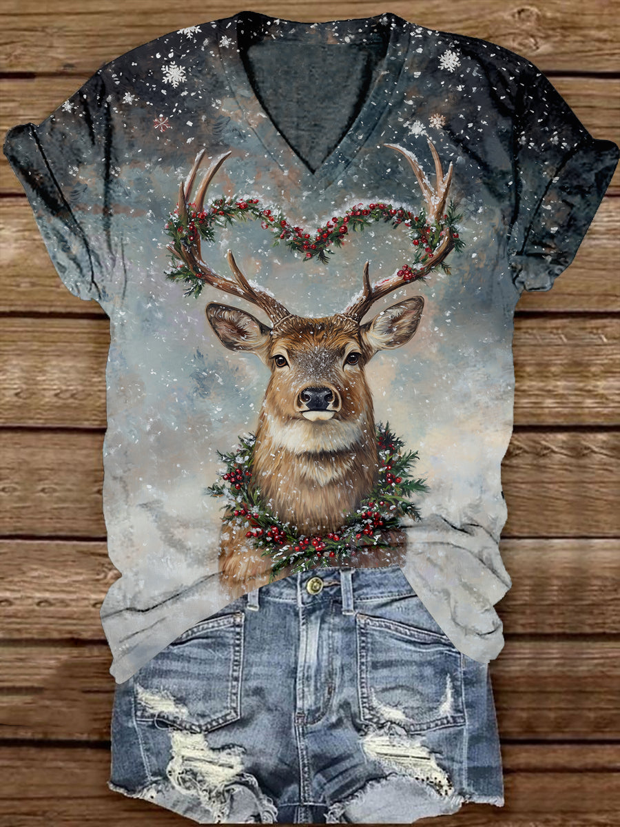 Love Heart Antler Christmas Deer Art Print Unisex V-neck Short Sleeve Casual T-shirt