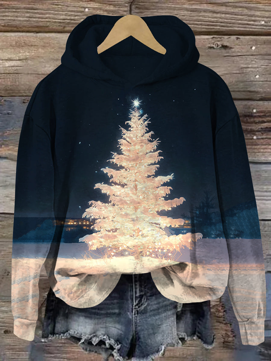 Christmas Tree Christmas Night Art Print Unisex Long Sleeve Casual Hooded Sweatshirt