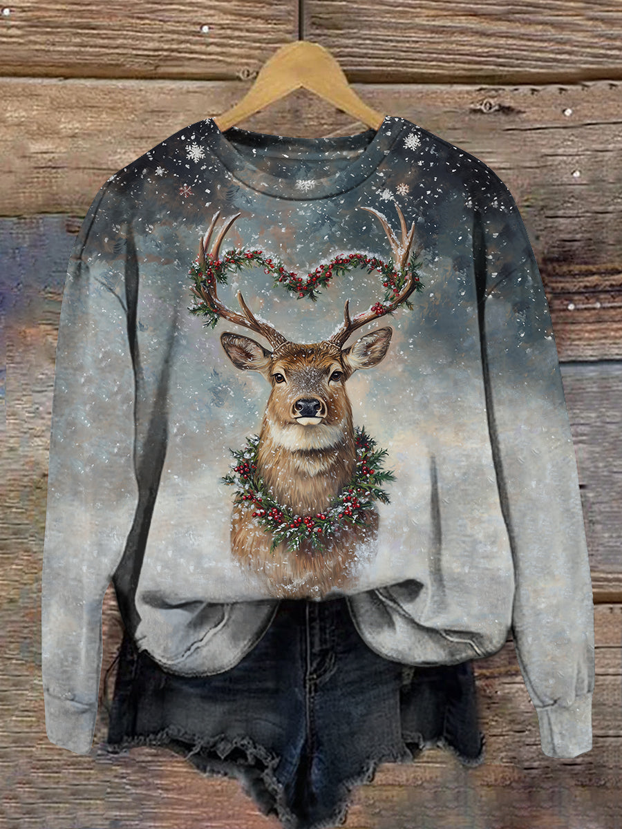 Love Heart Antlers Christmas Deer Art Print Unisex Round Neck Long Sleeve Casual Sweatshirt