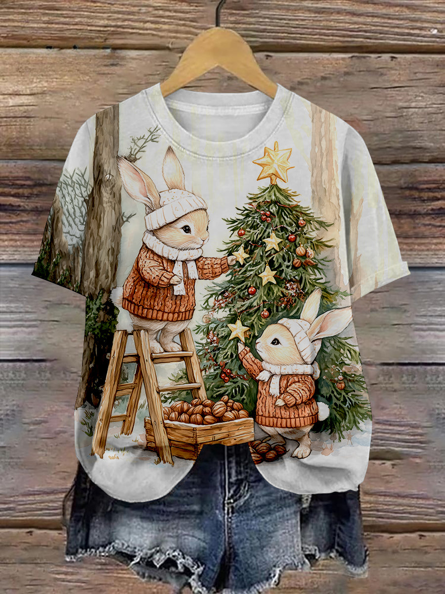 Rabbit Christmas Art Print Unisex Round Neck Short Sleeve Casual T-Shirt