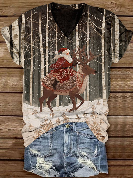 Santa Claus Reindeer Snow Scene Print Unisex V-neck Short Sleeve Casual T-shirt