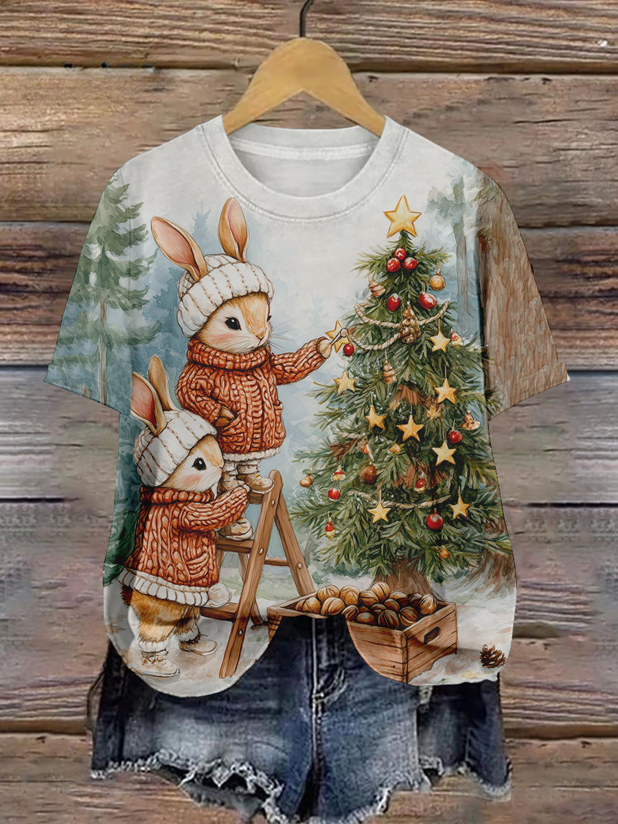 Rabbit Christmas Art Print Unisex Round Neck Short Sleeve Casual T-Shirt