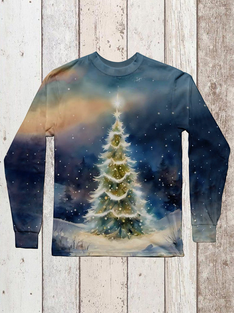 Christmas Tree Art Print Unisex Round Neck Long Sleeve Casual T-Shirt